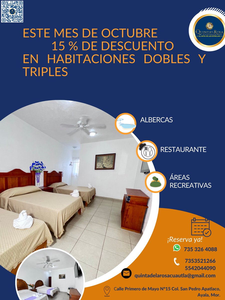 HotelQuintadel1's tweet photo. Recuerda solo este mes de Octubre tenemos el 15% de descuento en habitaciones 🤭😎 pasa un excelente fin de semana junto a tu familia 😄
Ofrecemos excelentes servicios, para más info. consulta en nuestra página web o directo al número de WhatsApp.
https://t.co/5B572PJRL3 https://t.co/mfwEaz8Kxv