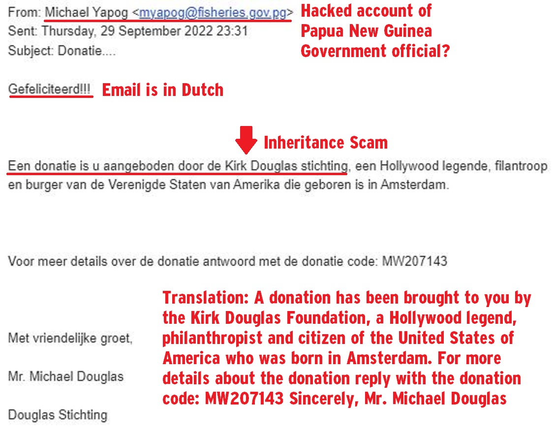 scamadviser's tweet photo. Here we can see a scammer using a hacked account of a government official from Papua New Guinea to trap victims in an Inheritance Scam. Know more: https://t.co/cdBfPteUAv
#ScamAdviserAlerts #ScamAlert #InheritanceScam #DonationScam #CharityScam #OnlineScam #Scam https://t.co/GzJ9rGai6c
