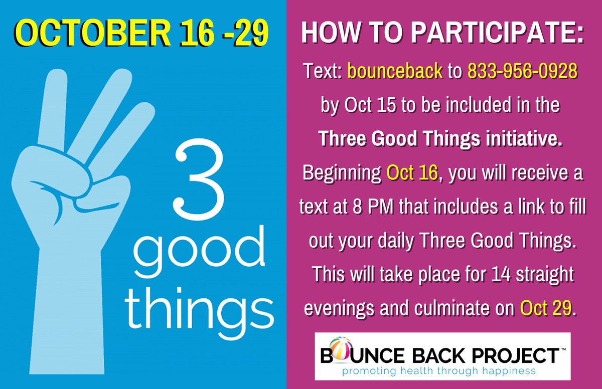 bouncebackpro's tweet photo. 2️⃣ MORE SLEEPS 'til Three Good Things! ⌛️
To participate in this wildly popular and FREE initiative, just text: bounceback to 833-956-0928 by Sat, Oct 15, 2022 and you'll be good to go. #3GT 🥳

Check out all the deets here: 
https://t.co/FEdVcLs95Z https://t.co/0BCCPwxzur