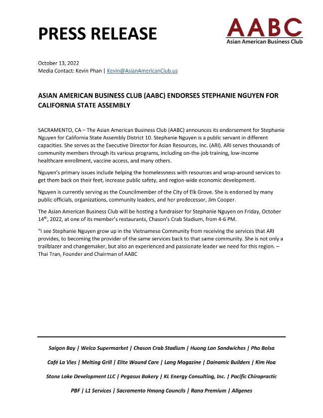 As someone who is from South Sacramento, especially the Little Saigon district, this truly speaks volume when you get the support and endorsement from the local business owners along Stockton Blvd. Thank you, AABC for your support!