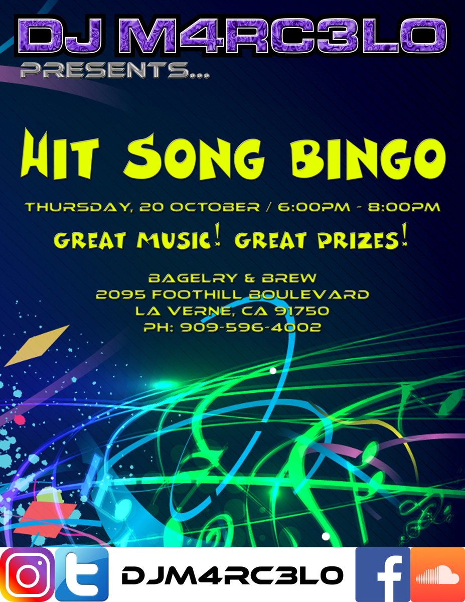 DJM4RC3L0's tweet photo. Next Week! Join us for Great Food, Great Music &amp; BINGO at @bagelryandbrew
Bingo Cards available with purchase of a meal.
#DJM4RC3L0 #Music #Bingo #Pizza #Beer #Bagels
https://t.co/vNtPlXw4E4 https://t.co/uR0CtSqsdj