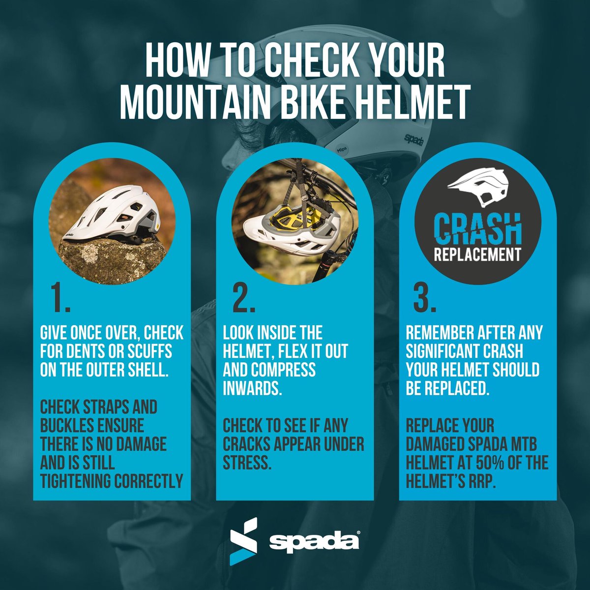 Nobody wants to crash but accidents do happen follow these tips to make sure your helmet is safe to continue wearing.

Remember with our crash replacement scheme, you can replace your damaged Spada MTB helmet at 50% of the helmet’s RRP.

bit.ly/3T1vvsp