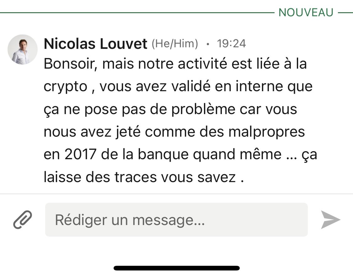 LouvetNicolas's tweet photo. Allez c’est vendredi soir, je me le permets. 
Une grande banque me contacte sur LinkedIn pour proposer un prêt non dilutif pour financer la croissance de Coinhouse. 
Le message est bien fait mais ça ressemble quand même à du mailing 🙄 car…
Je vous laisse découvrir ma réponse 👇 https://t.co/AjPG86I6Eq