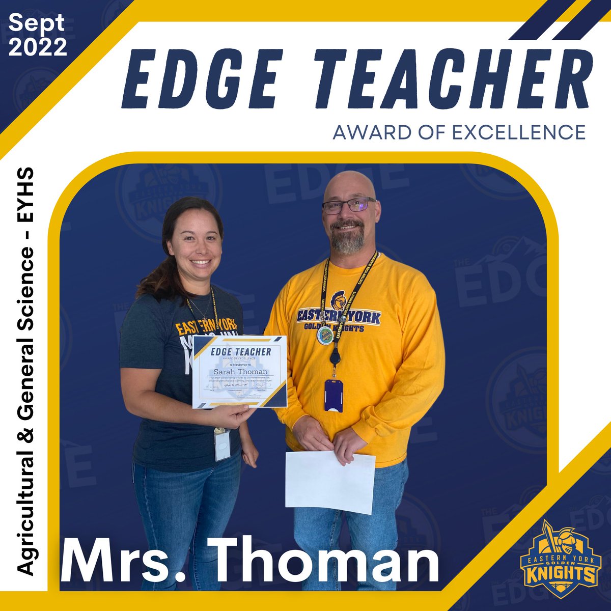 Our next #EdgeTeacher award winner is <a href="/MrsThomanAg/">Mrs.Thoman</a>!  Back in September Mrs. Thoman shared with staff how she has developed learning roadmaps to help empower students and make learning more accessible! Congrats and thank you for all your hard work! <a href="/EasternYorkSD/">Eastern York </a> #eyedge