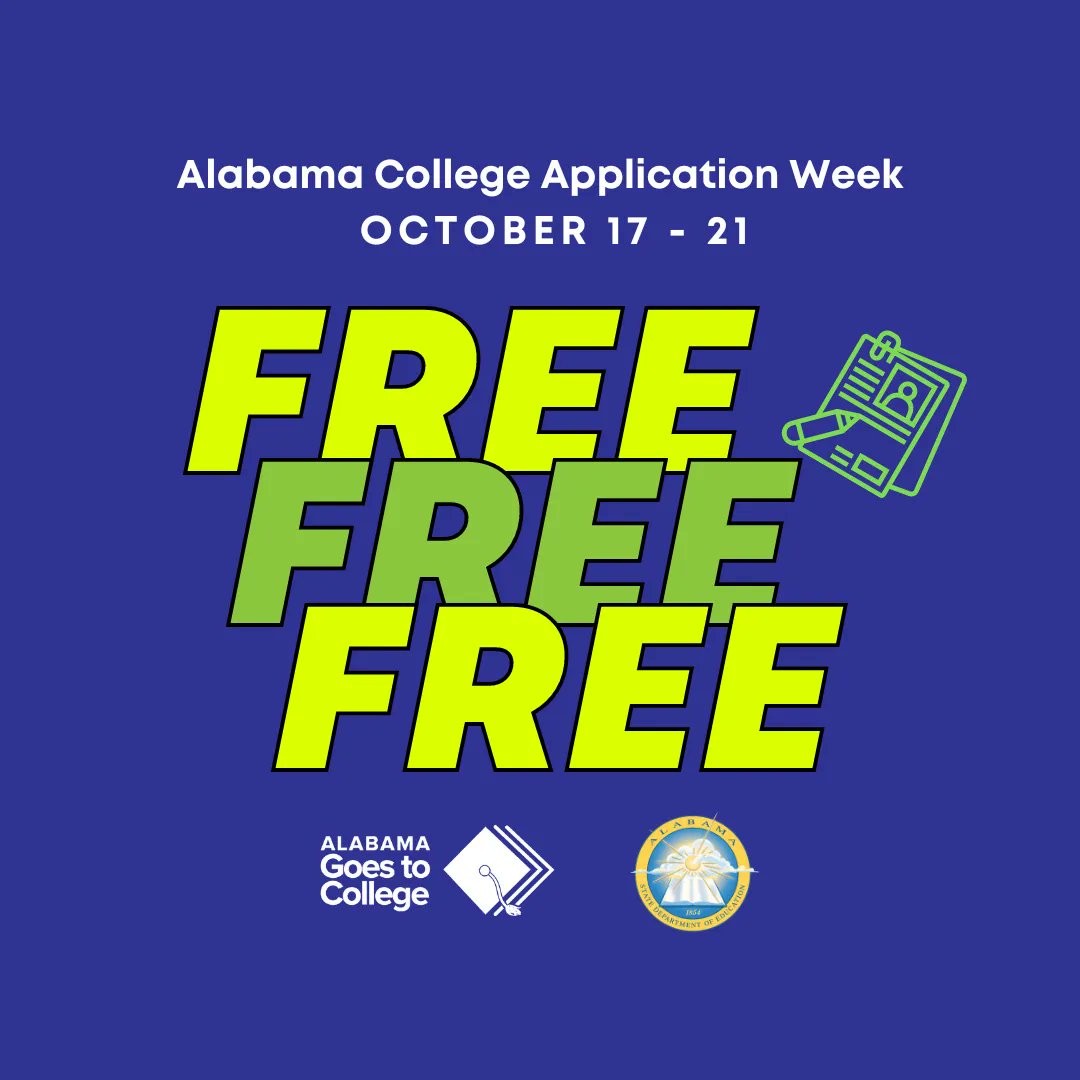algoes2college's tweet photo. Free, Free, Free! College application fees waived from October 17-21, 2022! Here is the list of participating colleges/universities: https://t.co/17ArOlwO1E #ALGoes2College #Cash4College #IApplied https://t.co/nhSkkBT9Dq