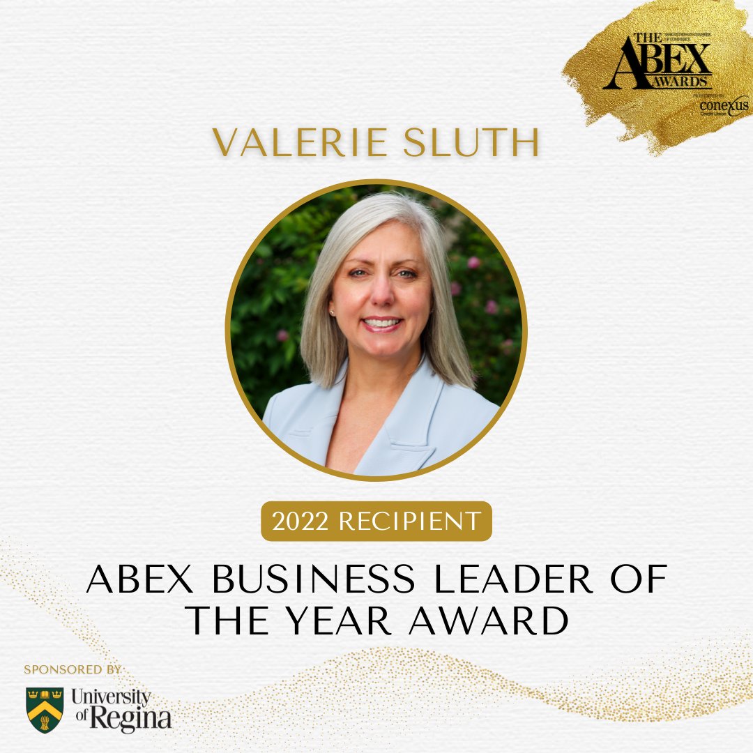 We’re looking forward to celebrating Valerie Sluth – the 2022 ABEX Business Leader of the Year! The ABEX Business Leader of the Year award, sponsored by <a href="/UofRegina/">University of Regina</a>, is presented to an individual who exemplifies a business visionary. 

Tickets: saskchamber.com/abexawards