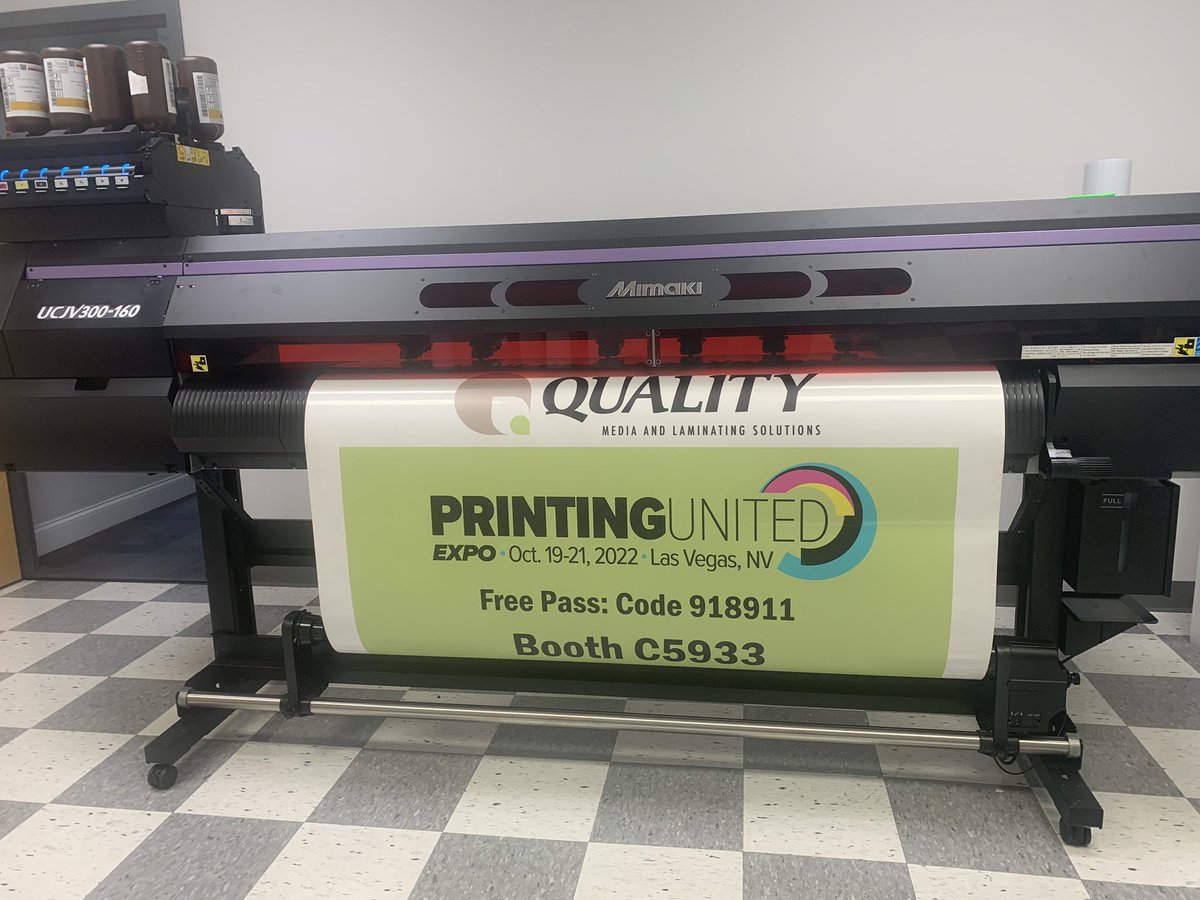 QMLSInc's tweet photo. We’re so excited about next week’s @PRINTINGUnited Expo that we had to print about it! See picture below for booth location and free pass code! https://t.co/fZGH07YBAj   Printed on a @MimakiUSA UCJV300-160 UV Curable Roll to Roll Printer. https://t.co/jqdLPOCnqp