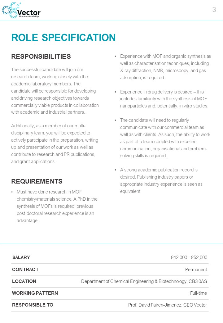 DavidFairen's tweet photo. We are hiring! Are you a chemist or materials scientist interested in drug delivery? Our startup Vector Bioscience Cambridge is looking for a new member of the team! #hiring #startup #MOFs @MOFCambridge https://t.co/9CiaboPTSQ