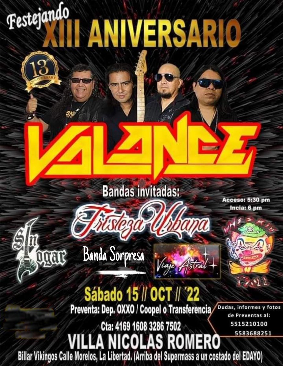 RockValance's tweet photo. 🛑🛑🛑 Información de Nuestro Aniversario 🛑🛑🛑

Hoy es el último día de preventa a $80 pesos por persona.

Que esperas? 😎👇👇👇
Deposita en OXXO o Coppel  y/o transfiere el número de preventa
👉👉👉 4169 1608 3286 7502 ✅✅
*Manda foto de tu ticket  al 5515260100
5583688251 https://t.co/sNQf8UkAVb