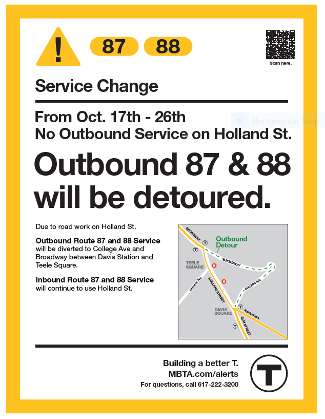 Starting next week, Holland Street will see a temporary detour to facilitate building raised crossings as part of our safety improvements for the area. Please see the @MBTA detour map for the 87 & 88 bus. 🚍👷