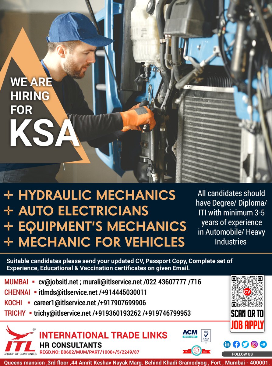 JOB VACANCY FOR #saudiarabia
CLICK ON LINK TO APPLY JOB > bit.ly/3bVNhxf

Learn more :
itlservice.net
#pipingengineer #overheadcrane #dieselmechanic #autoelectrician  #hydralulic #autoelectrician #equipmentmechanic #mechanic  #heavyequipment #development