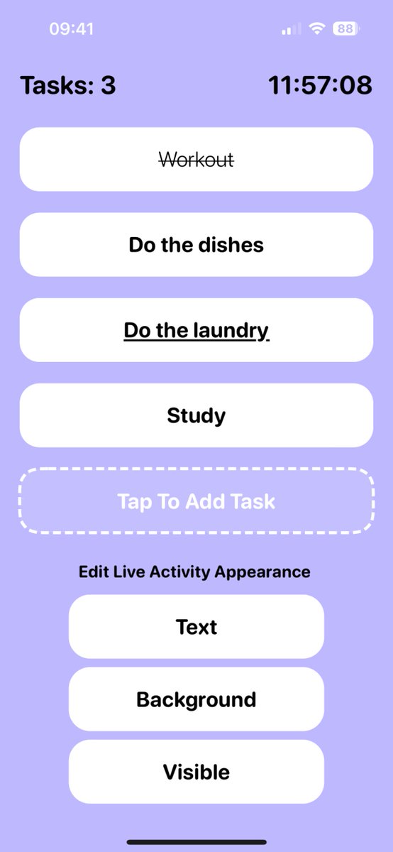 Live Activity Tasks! Quickly see current tasks in a form which allows customisation; stays visible on Always On devices; and is large enough to read at a glance.

Public TestFlight link:
testflight.apple.com/join/FqL2mCjb