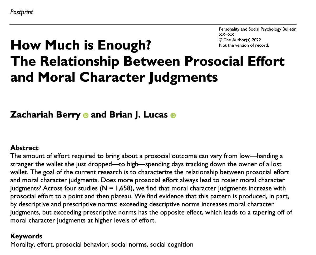 Zberry37's tweet photo. 🚨New paper alert !🚨

Excited to share my new paper with @brianjlucas in which we explore the relationship between prosocial effort and moral character judgments (accepted at PSPB). We compare 3 theoretical perspectives, and show how norms shape which perspective plays out 1/8🧵 https://t.co/YH8eLGxSfj