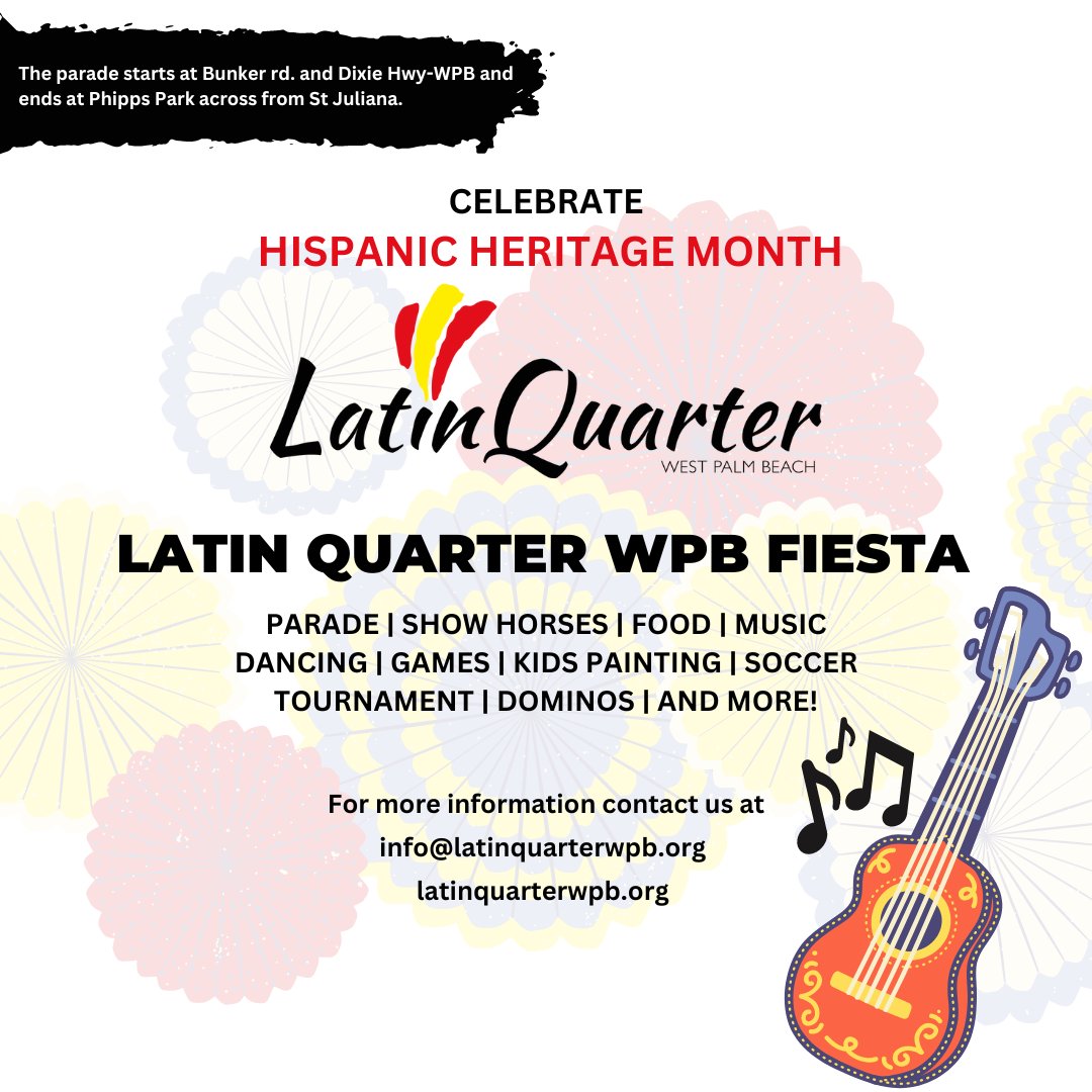 CELEBRATE WITH US! The #LatinQuarterWPBFiesta is happening TOMORROW, October 15th, from 11 am - 4 pm. It will be a jam-packed event with food, music, games, and SO MUCH MORE. 

More about the event here: latinquarterwpb.org/event/latin-qu…

#pbcevent #eventolatino #latinosenflorida