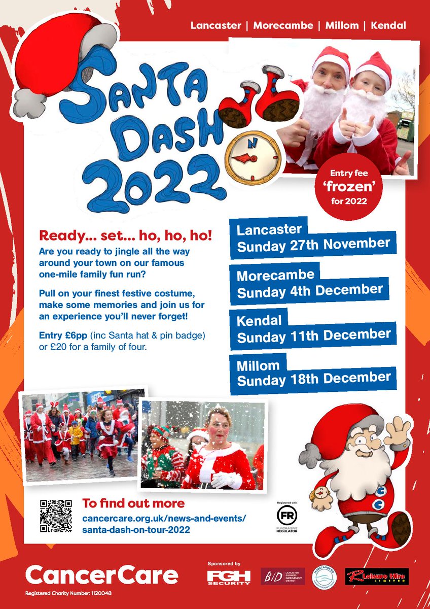 Ready...Set...Ho,Ho,Ho! Our famous Santa Dash is back with four festive family fun runs set to take place in #Lancaster, #Morecambe, #Kendal and #Millom in the four Sundays leading up to Christmas from 27th November.  cancercare.org.uk/news-and-event…