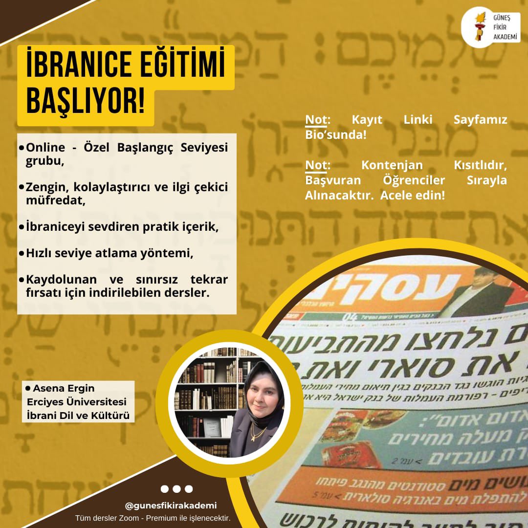 ErginAsena's tweet photo. Kendinize ve kariyerinizde fark yaratmak için hızlı bir şekilde İbranice öğrenebilirsiniz! 

Başvuru için formu doldurmanız yeterli📌
#ibranice #ibraniceöğreniyorum #güneşfikirakademisi 

https://t.co/NXYMCAGpAQ https://t.co/U7AISHeCfI