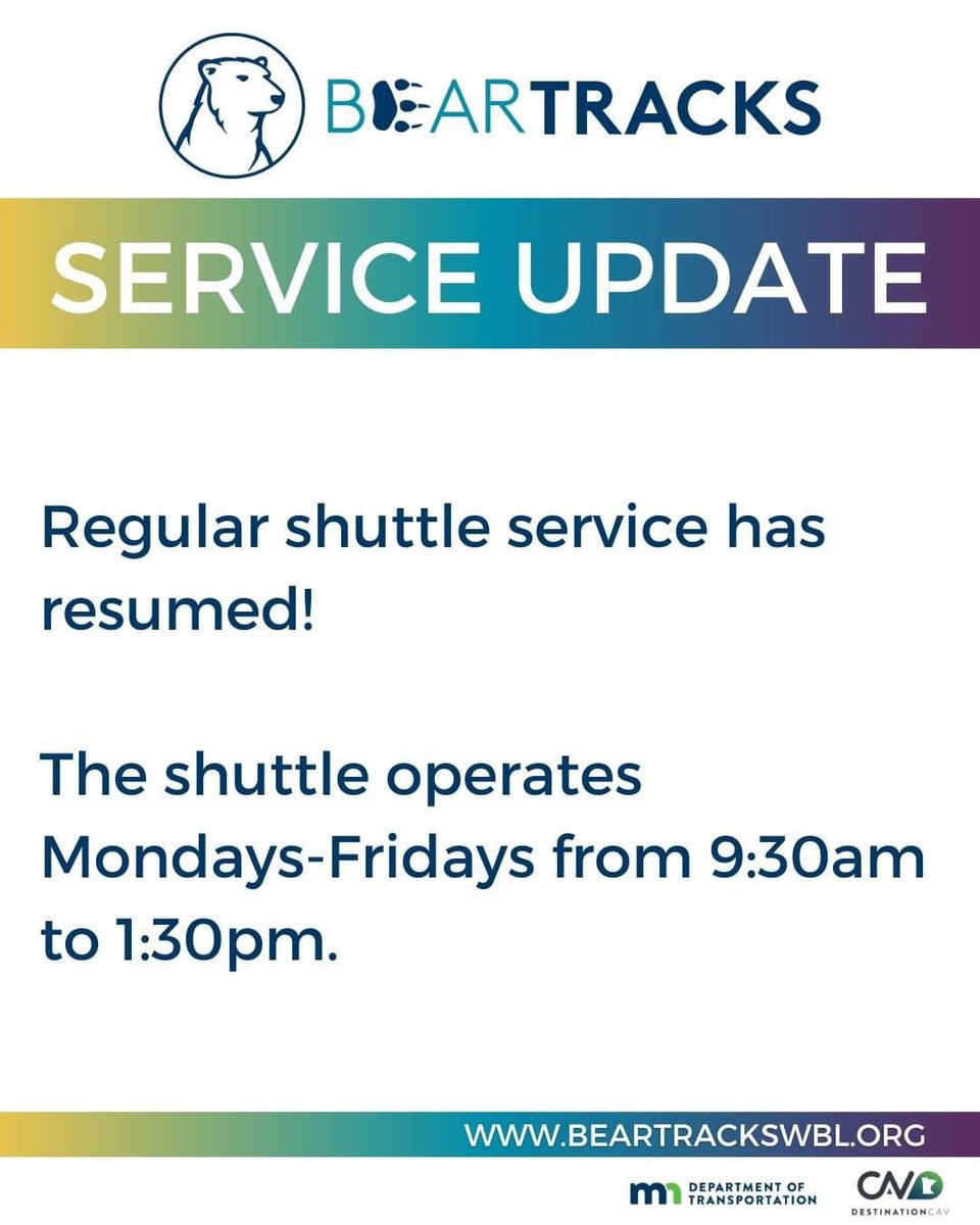 Regular Bear Tracks shuttle operations have resumed.  Come take a ride!  Visit beartrackswbl.org/how-to-ride/ for more information on how to ride including where you can board the shuttle.