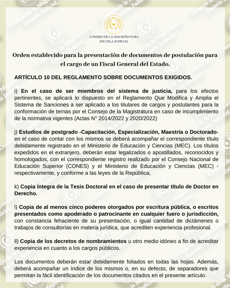 #ProcesoFGE2022 Orden de documentos para la postulación, copias autenticadas por escribanía en formato físico, previa verificación de la Secretaría General del #CM.

Ver Edicto 07/2022 y requisitos para la presentación: cm.gov.py/?p=27222