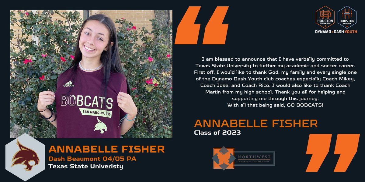 HTXSoccer's tweet photo. 🚨College Commitment! 🚨

@BelleFisher2023 from the Houston Dash Beaumont 04/05 PA has committed to @TXStateSoccer! Congrats, Annabelle! 🧡

#dynamodashyouth #ddycollegecenter #ddycff #collegefitfinder @stxsoccer @NationalLeague @nwomsmarketing https://t.co/kT1m2YMfBo
