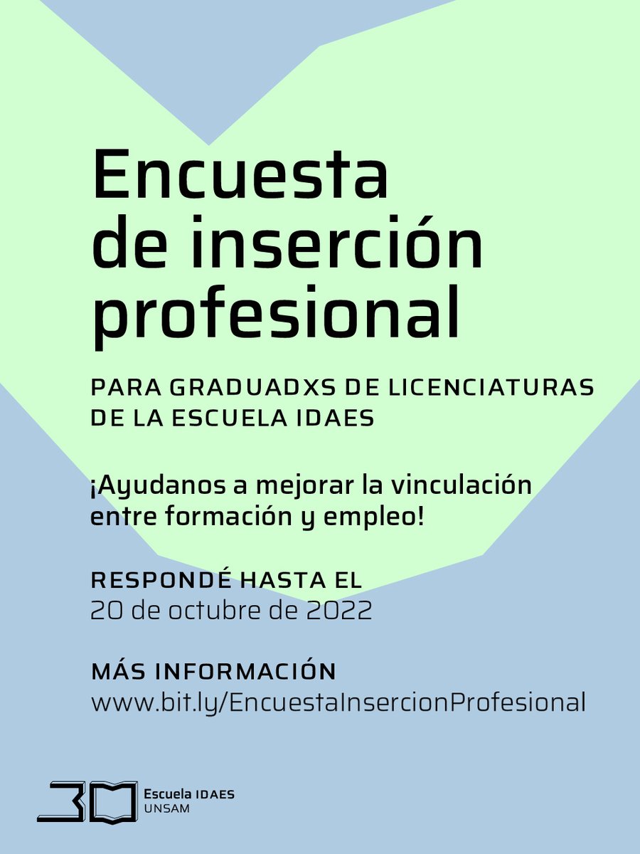 Estamos realizando un relevamiento sobre la inserción profesional de lxs graduadxs de nuestras Licenciaturas, con el objetivo de recolectar información que permita mejorar la vinculación entre formación y empleo.
⏰ ¡Respondé hasta el 20 de octubre!
🔗 bit.ly/EncuestaInserc…