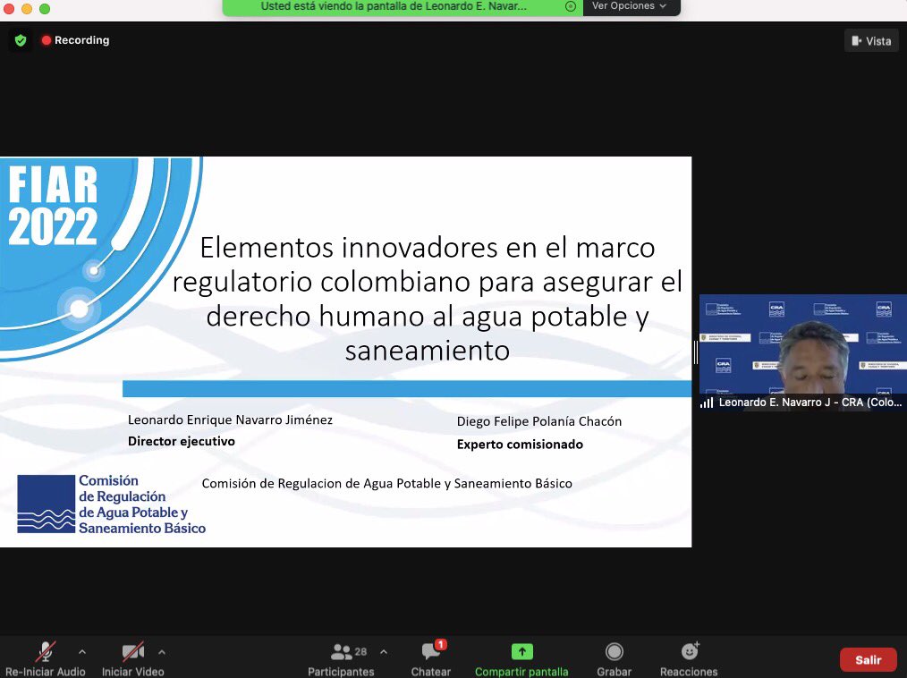 Inicia presentación en XIV Foro FIAR de Leonardo Navarro Dir. Ejecutivo de la CRA y @DiegoFelipePola Experto Comisionado 
tema: “Elementos innovadores en el marco regulatorio colombiano para asegurar el derecho humano al agua potable y saneamiento” 
 En 👉 cutt.ly/VBUByuL