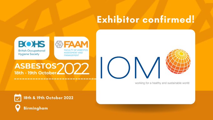 IOMworld's tweet photo. Join us at the BOHS Annual Asbestos conference at the Birmingham Conference &amp; Events Centre on the 18th and 19th October, where our experts will be delighted to answer your questions &amp; talk through your workplace challenges.
@IOMworld @BOHSworld #Asbestos2022 #AsbestosAnalysis https://t.co/h1YGIJJwIM
