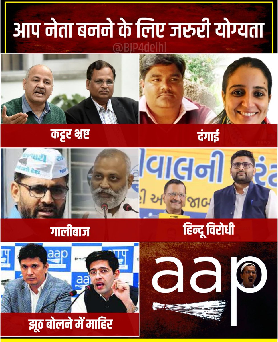 BJP4Delhi's tweet photo. AAP नेता बनने के लिए ज़रूरी योग्यता👇 https://t.co/kuhCtNKDs4