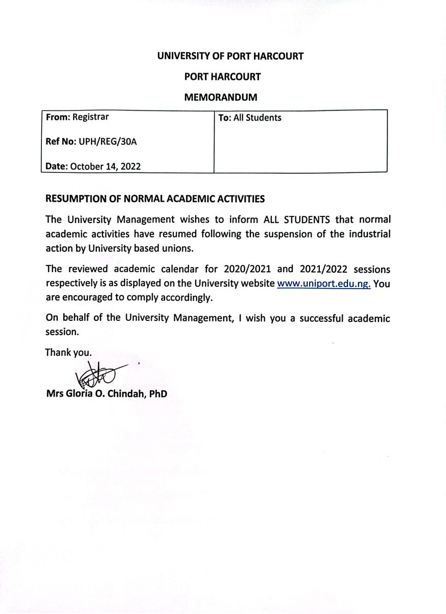 RealSammyKpenu's tweet photo. BREAKING NEWS 
Normal academic activities at the University of Port Harcourt have resumed following the suspension of the Industrial action by ASUU https://t.co/HDV5a3v6Vz
