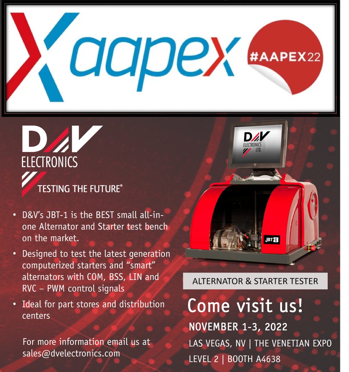 dvelectronics's tweet photo. The @AAPEXShow  is just around the corner - visit us at booth A4638 to say hello and feel free to ask any questions you have on automotive testing and the industry-leading test equipment that we develop and manufacture. 
#AAPEX22 #testing #AutomotiveIndustry #testautomation https://t.co/BRhBB8tZJL