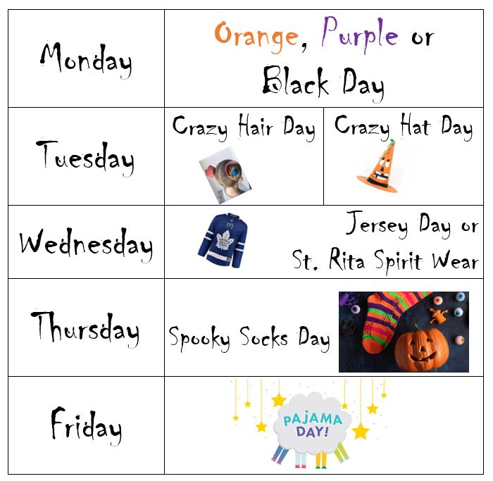 StRitaOCSB's tweet photo. Hey St. Rita Families...our amazing grade 6 leaders have organized a Halloween Spirit week for the week of October 24th to the 28th. We'll send reminders throught this week and next week! Get your gear ready @strita_council https://t.co/CEHrKdMY9n