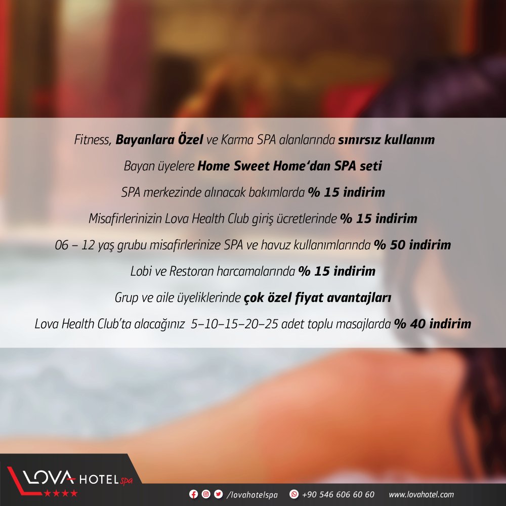 LovaHotelSPA's tweet photo. Hem formunuzu koruyabildiğiniz hem de keyfini çıkartabileceğiniz çok özel fırsat #LovaHotelSPA'dan. #LovaHealthClub 'ta avantajlı üyelik fırsatları...
#Rahatlayın #Fitness #SPA #Pool #Havuz #Yalova https://t.co/rJ4ocFS6QF
