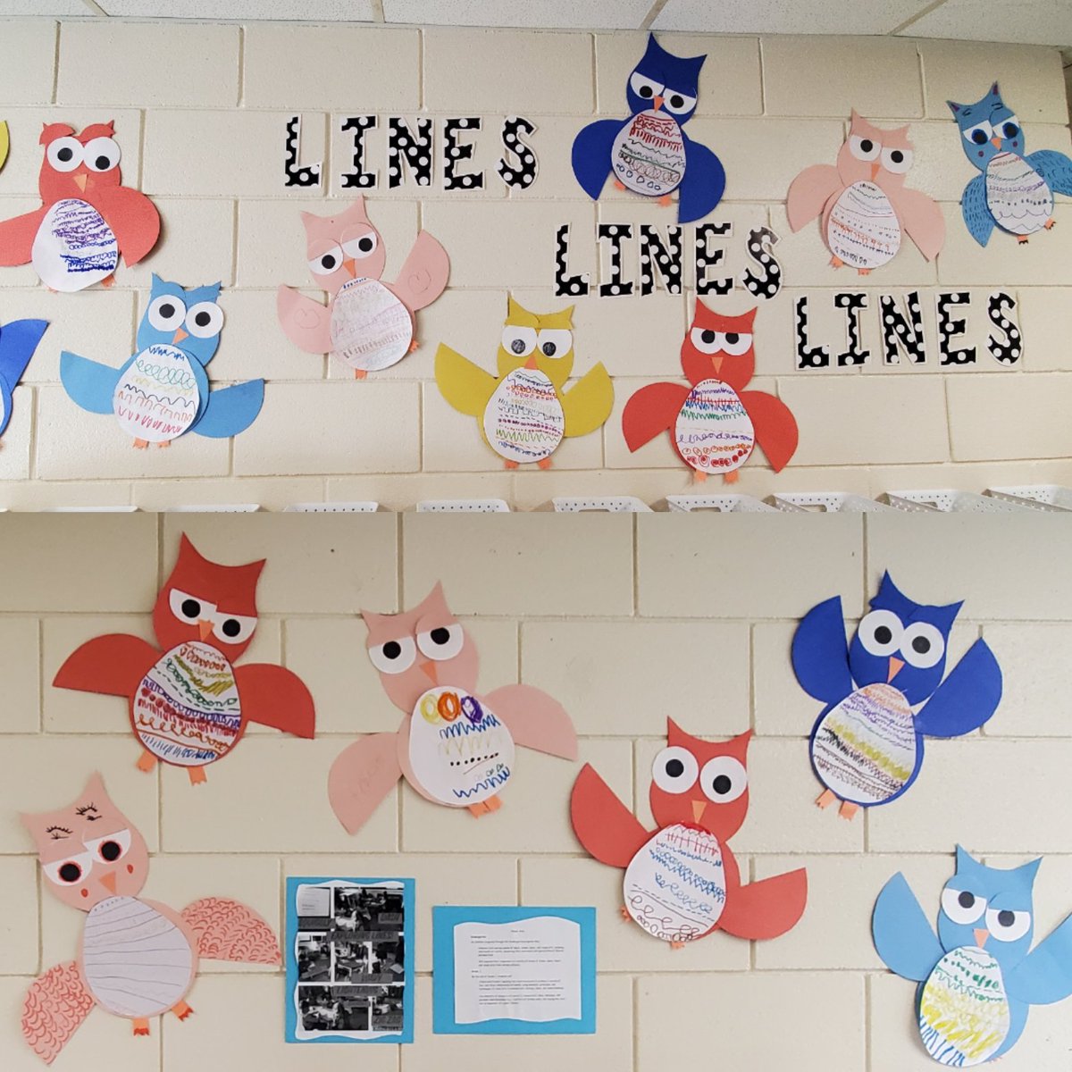 Bhulley3's tweet photo. The kids had a HOOT making these line art owls! #LineArt #owls #visualart @VTvdsb https://t.co/rVnQM3dMLz