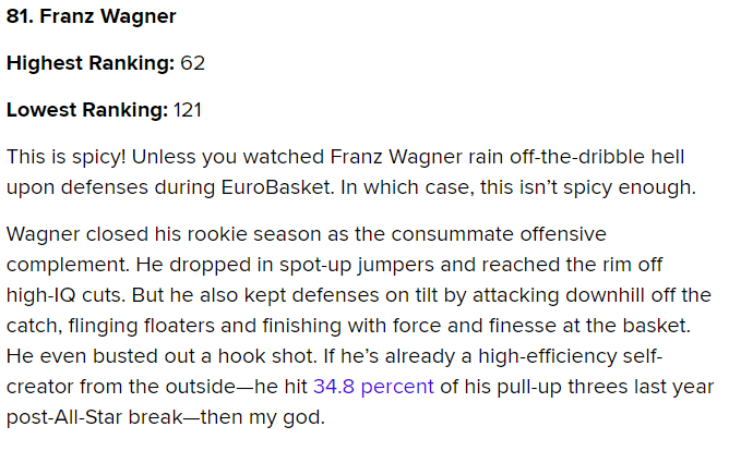 MagicTime32's tweet photo. Bleacher Report pone a Franz Wagner, Wendell Carter Jr. y a Paolo Banchero en su TOP 100. Sin embargo, los ponen demasiado abajo y de tras de jugadores que no estan cerca de sus niveles NBA.
#StillUnderrated #MagicTogether https://t.co/Sc3iELP4t2