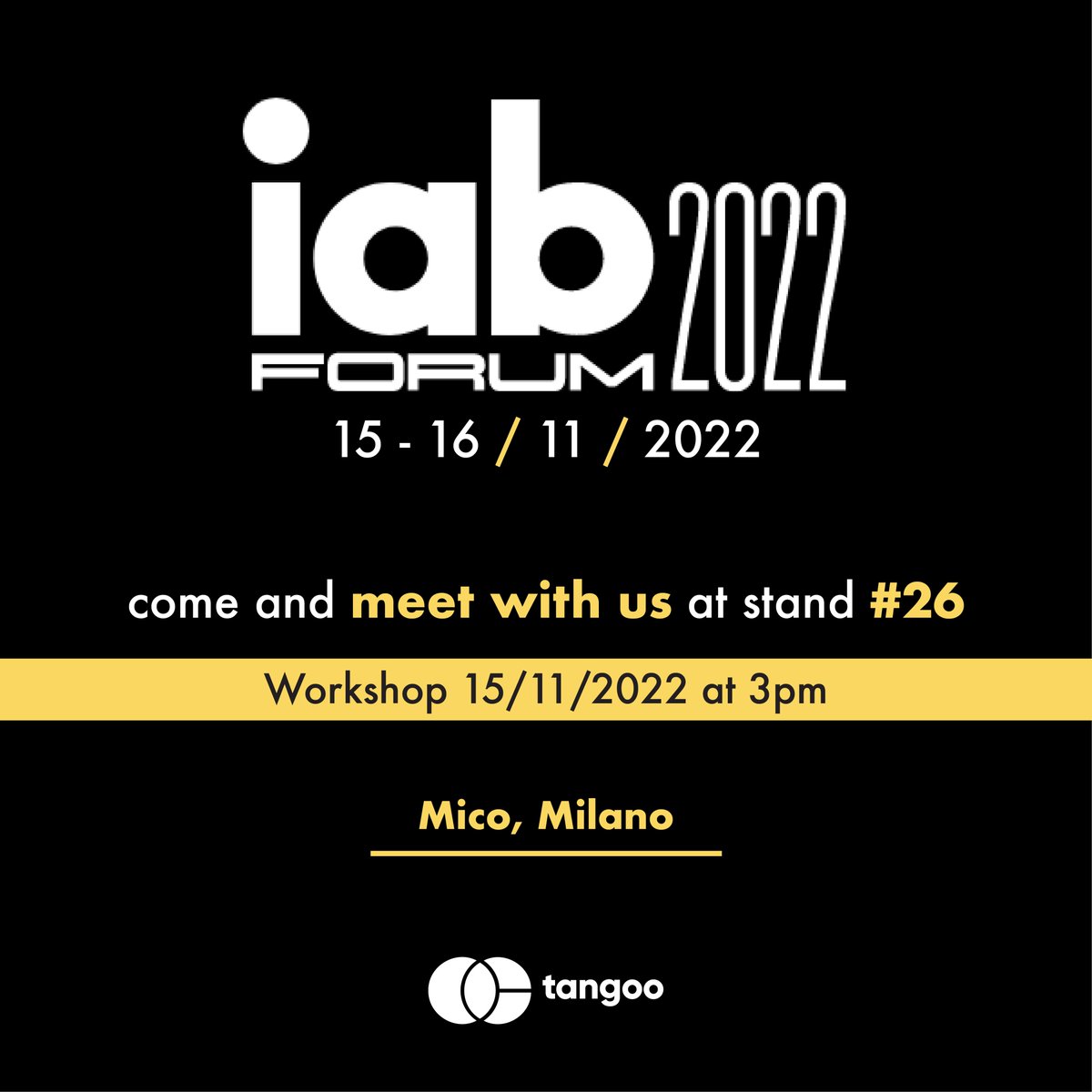 We are so excited to be participating at IAB Forum 2022, the main digital innovation event in Milan organized by IAB Italia. Join our workshop on November 15 and come visit us at Stand #26! 

We look forward to meeting you. 
Book your speed date here: bit.ly/3rNKr1S