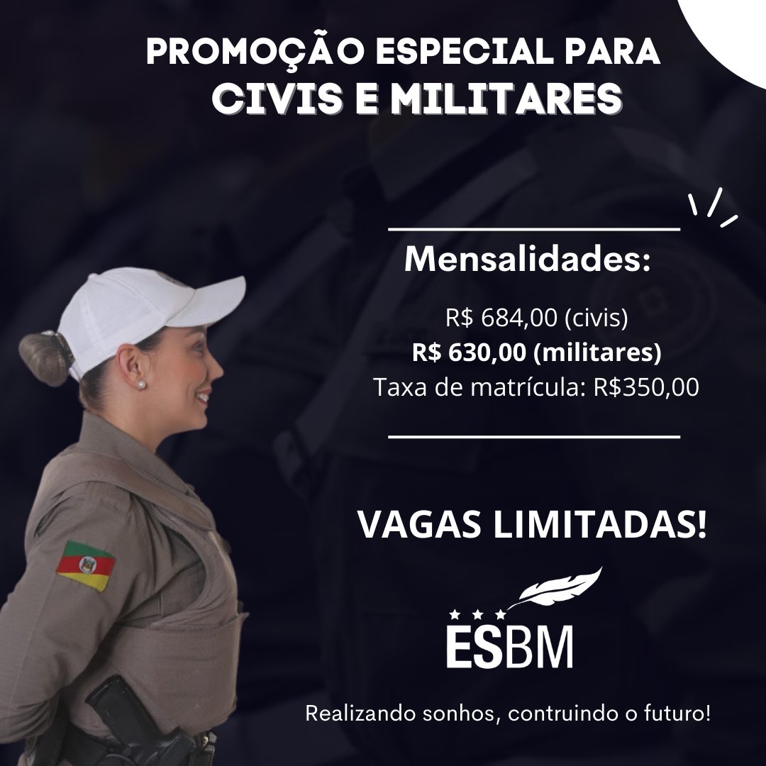 esbm_org_br's tweet photo. 🔹 GRADUAÇÃO EM DIREITO COM CONTEÚDO VOLTADO AO INGRESSO NAS CARREIRAS MILITARES - PROMOÇÃO MATRÍCULA ANTECIPADA!!
Informações:
🌐https://t.co/IBXd5o9cPG
📲 51 98147-9242
#esbm #brigadamilitar #corpodebombeirosmilitar https://t.co/da9ghWL79d