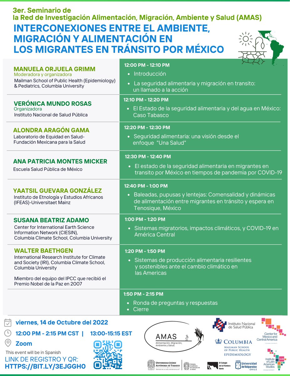 📌HOY 'Interconexiones entre el ambiente, migración y alimentación en los migrantes en tránsito por México' 🗓️ 14 de Octubre ⏰ 12:00 pm - 2:15 pm CST / 1:00 pm - 3:15 pm EST 📍 Zoom 📺 🔗 bit.ly/3EjggH0 @baethgen @alondra_aragon_