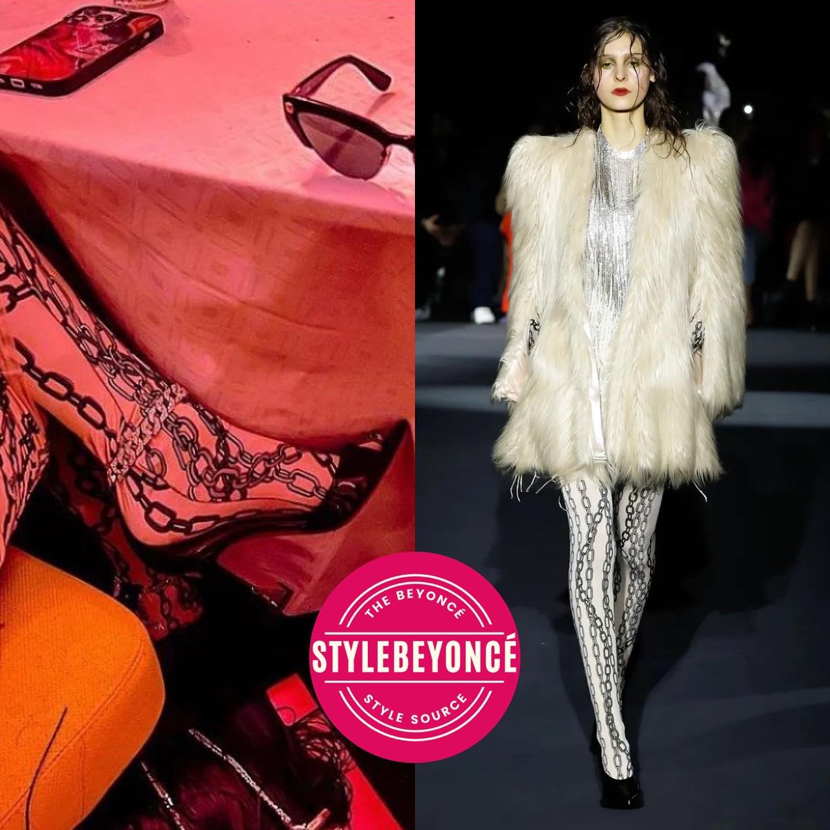 1stylebeyonce's tweet photo. #Beyoncé teased another look at #CLUBRENAISSANCE in Paris
📌 #AminaMuaddi x #AGWE Flacko sandals ($1,965) 
📌 #PhilosophyDiLorenzo FW22 chain motif tights https://t.co/skDa3vo83n