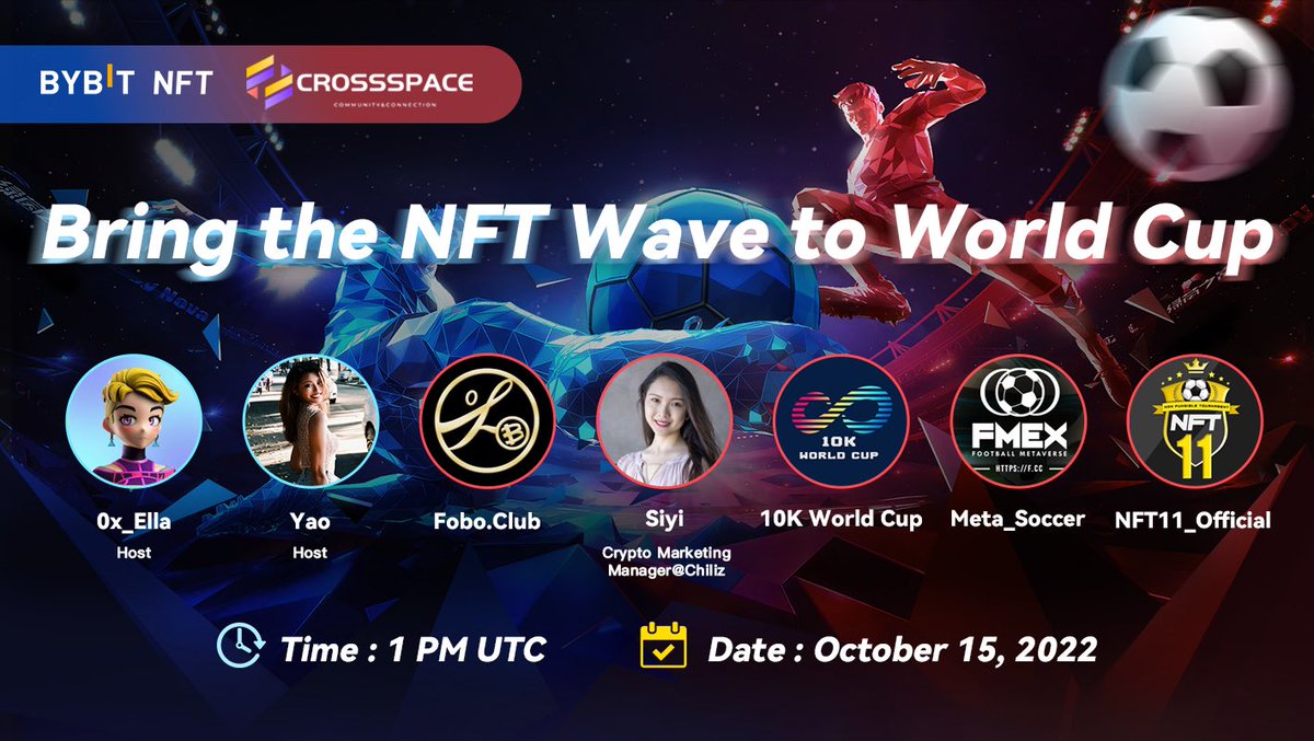 Bybit_NFT's tweet photo. 😉Wanna know what changes NFT can bring to the game of World Cup? 

🥰Join us tomorrow at 1PM UTC to know more and win 3 #whitelist spots each from @foboclub and @10KWorldCup 

Enter:
1⃣️ Follow @Bybit_NFT, @CSpaceOfficial, @foboclub and @10KWorldCup 
2⃣️ RT and tag 3 friends https://t.co/VBDmqmBsLV