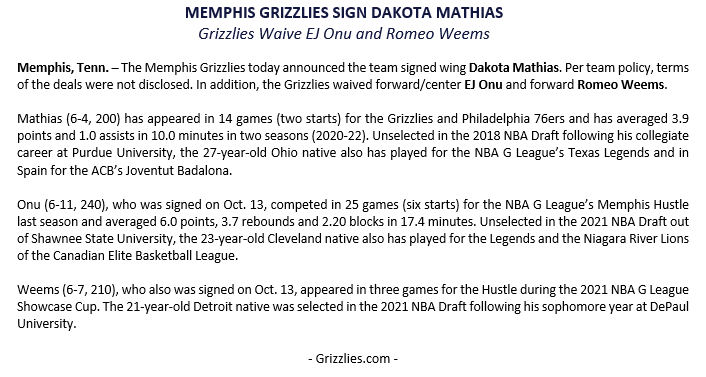 The @memgrizz today announced the team signed Dakota Mathias. In addition, the Grizzlies waived EJ Onu and Romeo Weems.