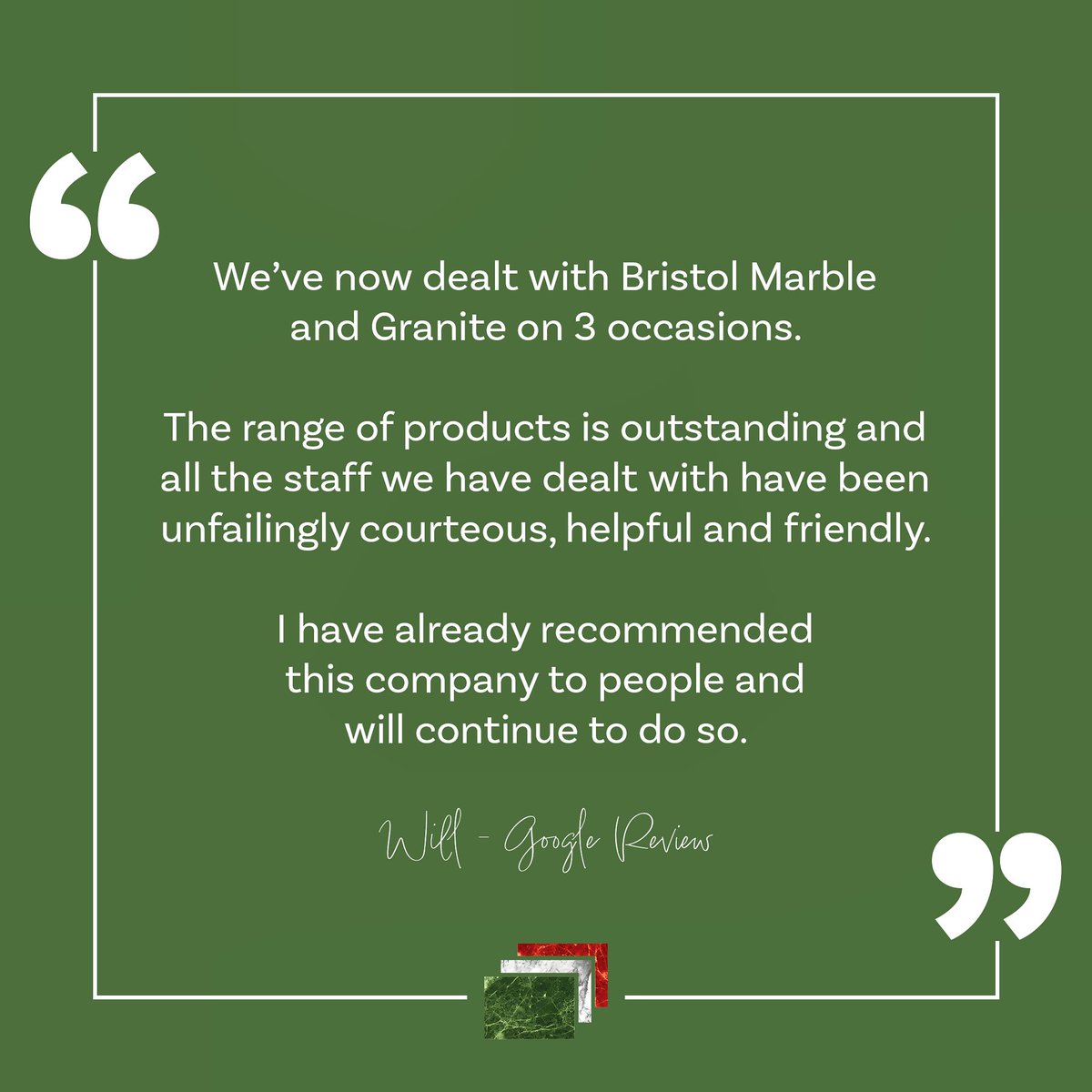 Bristol_Marble's tweet photo. We pride ourselves on both our stock and our service, so it’s great to see it recognised by our customers.

#graniteworktop #marbleworktop #kitchendesign #kitchenworktop https://t.co/6pzETG4gtA