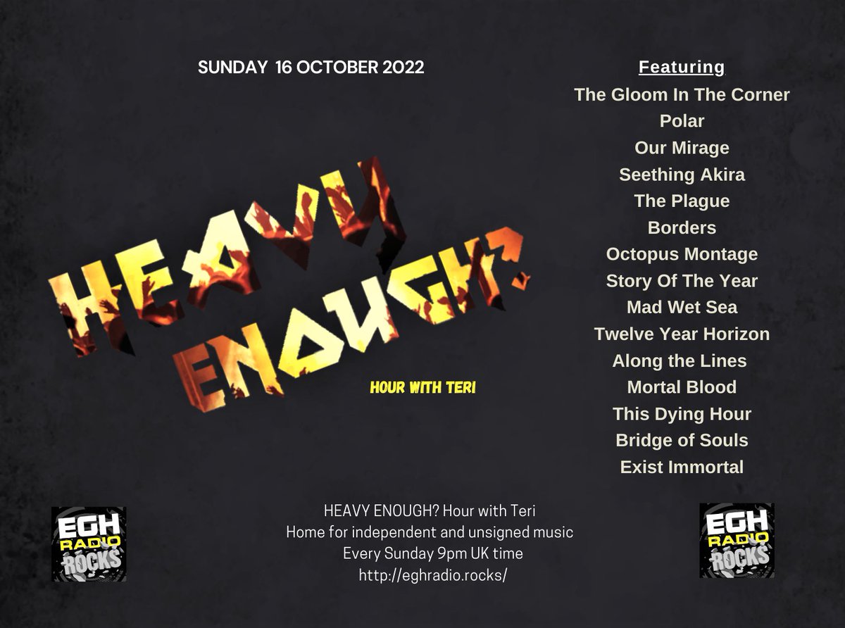 HeavyEnough Hour with Teri (@musicmatterstee) on Twitter photo Sunday 9pm UK on <a href="/EGHRocks/">EGH Radio Rocks</a>
#ListenHere⇒eghradio.rocks/player_stream/
featuring on #HeavyEnough
great new music from- #TheGloomInTheCorner <a href="/PolarUK/">POLAR</a> <a href="/ourmirage1/">ourmirage</a> <a href="/SEETHINGAKIRA/">Seething Akira</a> <a href="/ThePlagueMusic/">The Plague</a> <a href="/BordersBandUK/">BORDERS</a> <a href="/OctopusMontage/">OCTOPUS MONTAGE 🐙</a> <a href="/StoryoftheYear/">Story of the Year</a>
Info:facebook.com/HeavyEnoughHou…
#NewMusicAlert Sunday 9pm UK on <a href="/EGHRocks/">EGH Radio Rocks</a>
#ListenHere⇒eghradio.rocks/player_stream/
featuring on #HeavyEnough
great new music from- #TheGloomInTheCorner <a href="/PolarUK/">POLAR</a> <a href="/ourmirage1/">ourmirage</a> <a href="/SEETHINGAKIRA/">Seething Akira</a> <a href="/ThePlagueMusic/">The Plague</a> <a href="/BordersBandUK/">BORDERS</a> <a href="/OctopusMontage/">OCTOPUS MONTAGE 🐙</a> <a href="/StoryoftheYear/">Story of the Year</a>
Info:facebook.com/HeavyEnoughHou…
#NewMusicAlert