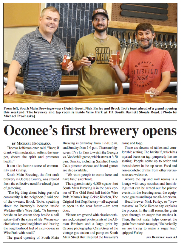 Oconee County's first-ever brewery is opening this weekend at Wire Park! Congratulations to South Main Brewing owners Dutch Guest, Nick Farley, and Brock Toole - pictured here on the front page of The Oconee Enterprise. #retailleasing #adaptivereuse #redevelopment