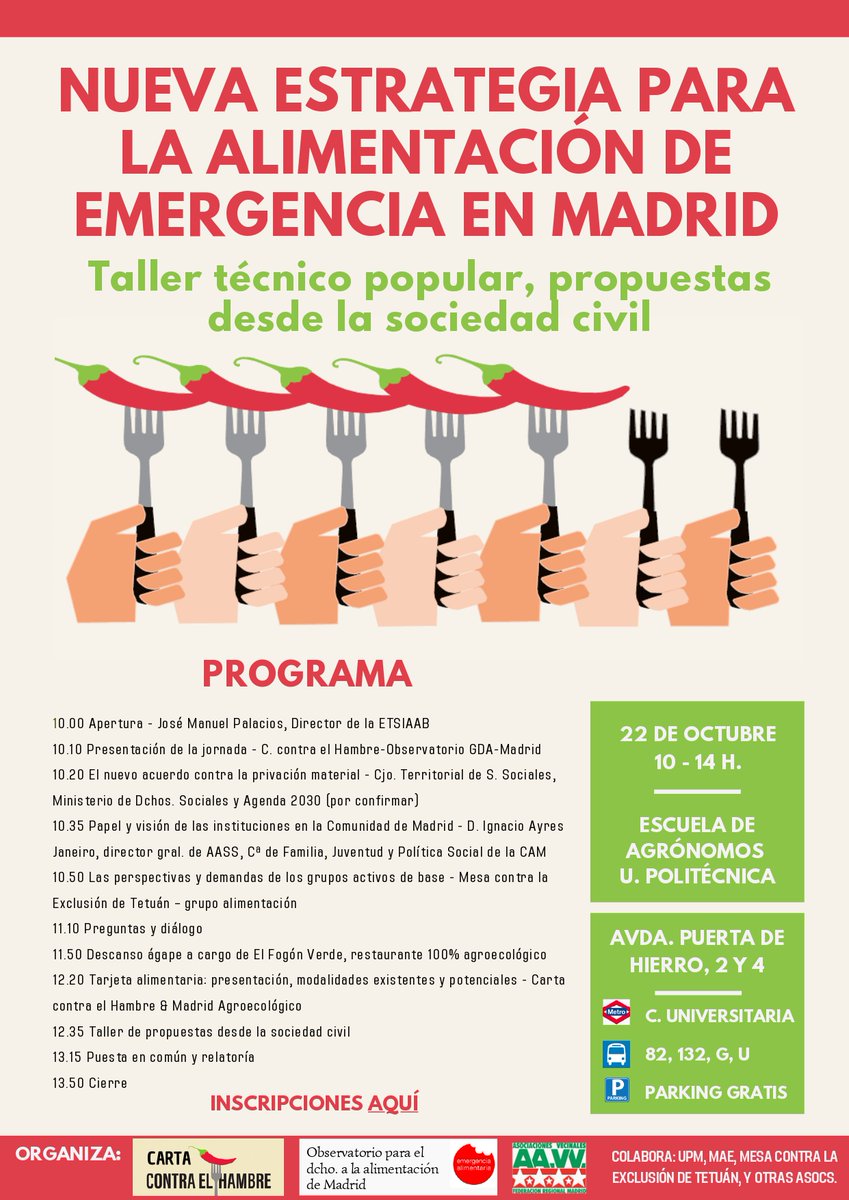 Taller técnico popular “Nueva estrategia para la alimentación de emergencia en Madrid. Propuestas desde la sociedad civil". 
Organizado por Carta contra el Hambre, <a href="/MadridOda/">Observatorio Garantía Derecho Alimentación-madrid</a> y <a href="/FRAVM/">Federación Vecinal de Madrid</a>  El sábado 22 de octubre, de 10 a 14 en <a href="/etsiaab/">ETSIAAB / #AlimentaElFuturo</a>