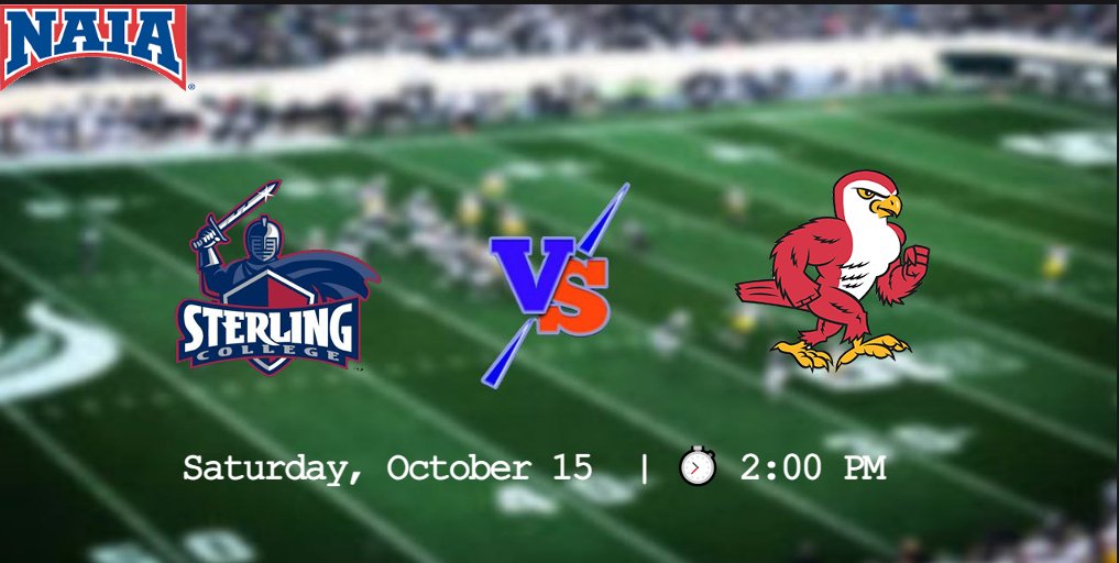 NAIA FOOTBALL (@naiafootbal) on Twitter photo ๐จ GAMEDAY๐จ
๐ Sterling ๐ Friends๐
๐ Saturday, October 15 | โฑ 2:00 PM
๐บ Live On : is.gd/kCag4k
<a href="/SCWarriorFB/">Sterling College Football</a> <a href="/FalconsFU/">Friends University Football</a> <a href="/SterlingCSports/">Sterling Warriors</a> <a href="/jmorris06/">Justin Morris</a> <a href="/N8Alvarado21/">Nathaniel Alvarado</a> <a href="/CoachHarrisonFU/">Coach Harrison</a> ๐จ GAMEDAY๐จ
๐ Sterling ๐ Friends๐
๐ Saturday, October 15 | โฑ 2:00 PM
๐บ Live On : is.gd/kCag4k
<a href="/SCWarriorFB/">Sterling College Football</a> <a href="/FalconsFU/">Friends University Football</a> <a href="/SterlingCSports/">Sterling Warriors</a> <a href="/jmorris06/">Justin Morris</a> <a href="/N8Alvarado21/">Nathaniel Alvarado</a> <a href="/CoachHarrisonFU/">Coach Harrison</a>