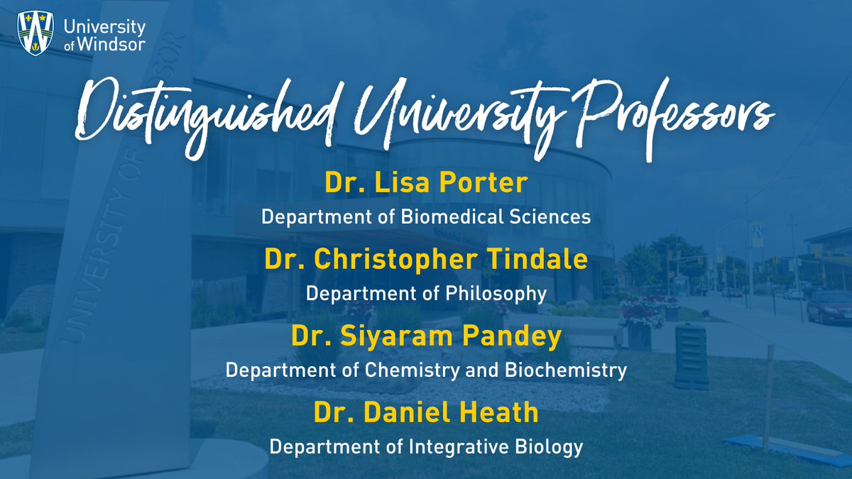 UWindsor's tweet photo. The following University of Windsor professors will be bestowed the title of Distinguished University Professor at the University of Windsor 2022 Fall Convocation. 💙💛 #UWinGrad https://t.co/qvmHIe3Yht
