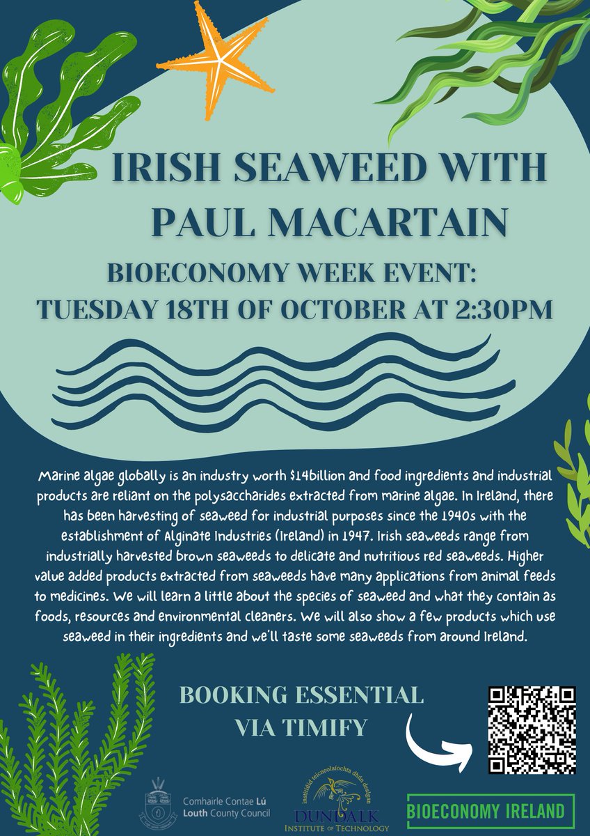 @LouthLibraries and @DkIT_ie present a talk on Irish #Seaweed as part of the #BIW2022 library campaign.

📅Tues 18th October, 2:30pm

Booking essential via Timify 

#AllVoicesTogether
#irishbioeconomy

@MarineInst @SeaweedIreland @agriculture_ie @IrishBioeconomy @biOrbic_centre