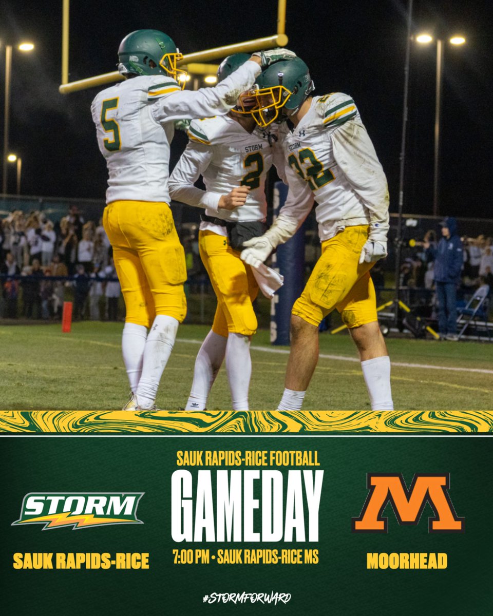 SRRFootball's tweet photo. It's Gameday! The Sauk Rapids-Rice Storm return home to take on the Moorhead Spuds! Wear your gold and support the Storm tonight!
🕖:  7:00 PM
📍: Sauk Rapids-Rice Middle School Stadium
🎥/🎟️ :  https://t.co/ro3q99okPX
📻 : AM 1390 
#StormForward #GoodH2O #GoldRush https://t.co/by8LTterwZ