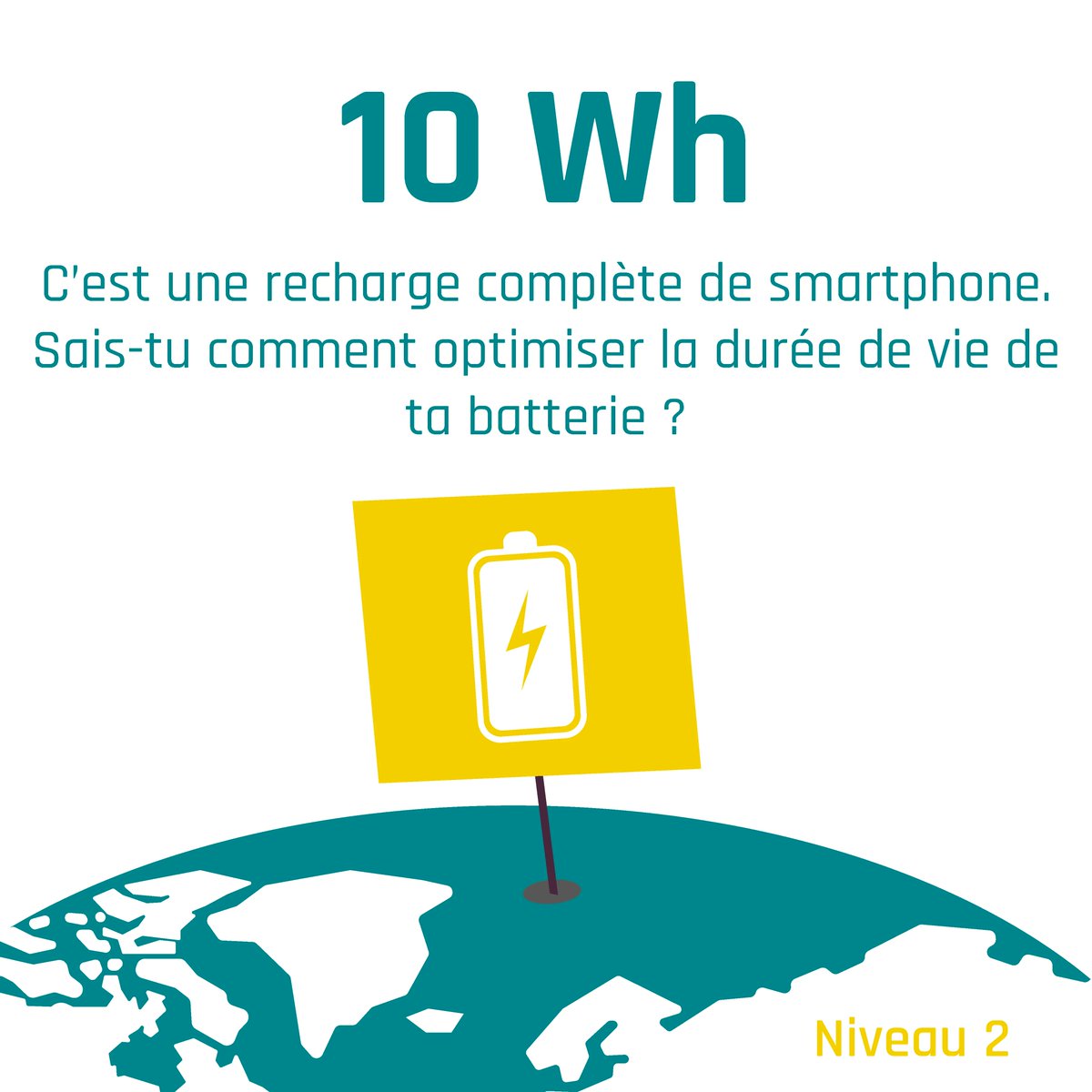 [Défi Zér♻️ Déchet - étape 2]
Savais-tu que recharger ton téléphone deux fois dans la journée permet de multiplier par trois la durée de vie de ta batterie ? On la maintient entre 20 et 80% et on évite de l'utiliser quand il est en charge. Mieux, on le recharge en pédalant ! 😉