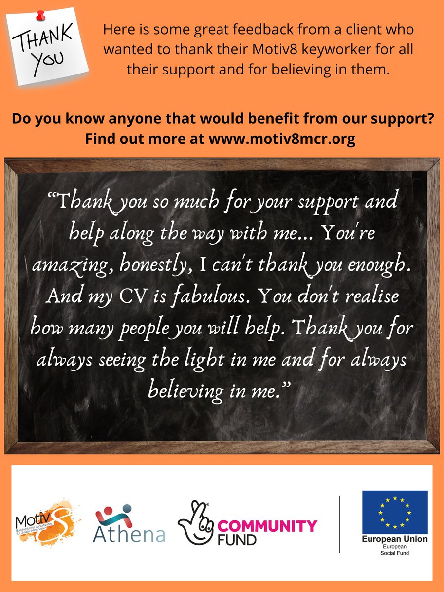 Here is some lovely #MondayMotivation from one of our clients who wants to thank their keyworker for believing in them. Do you know anyone that needs support to get back on track? Contact us on 0161 331 2048 or motiv8mcr.org #TNLComFundESF <a href="/TNLComFund/">The National Lottery Community Fund</a>