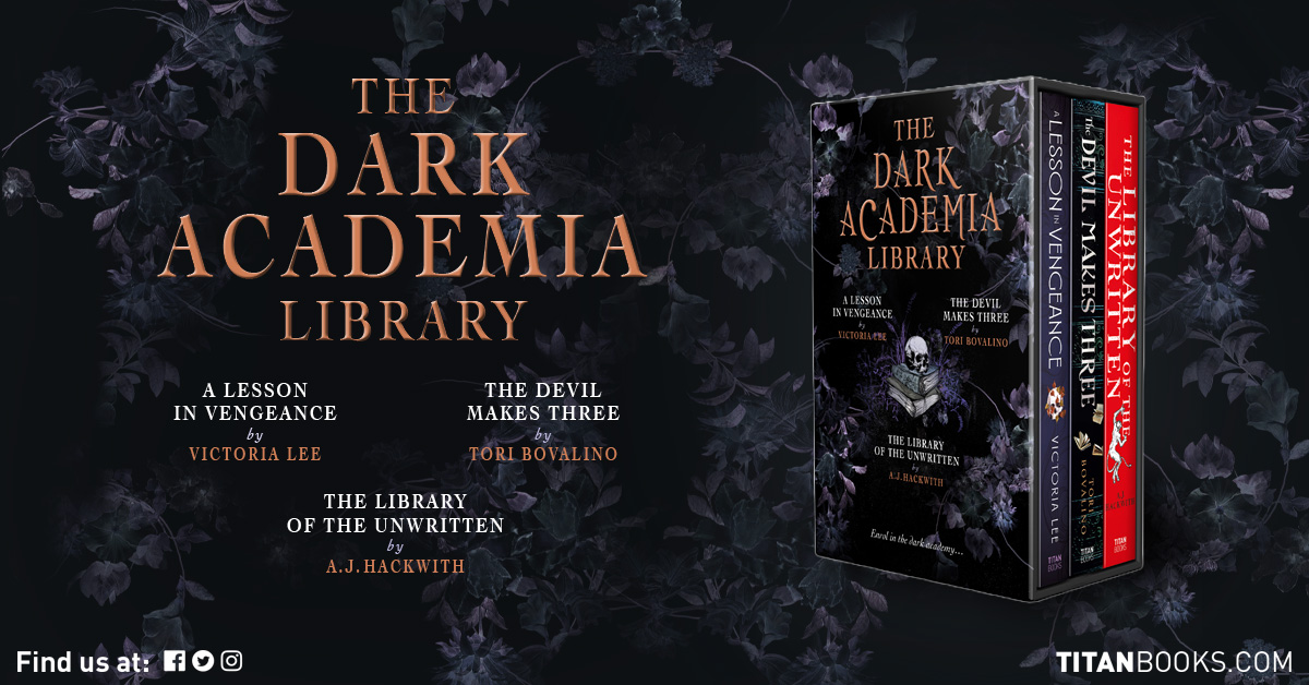 Love dark academia? The Dark Academia Library boxset offers three novels perfect for the incoming dark evenings. Feat: A Lesson in Vengeance by @sosaidvictoria; The Devil Makes Three by @toribov; The Library of the Unwritten by @ajhackwith. Out now: amzn.to/3Mu8rAB